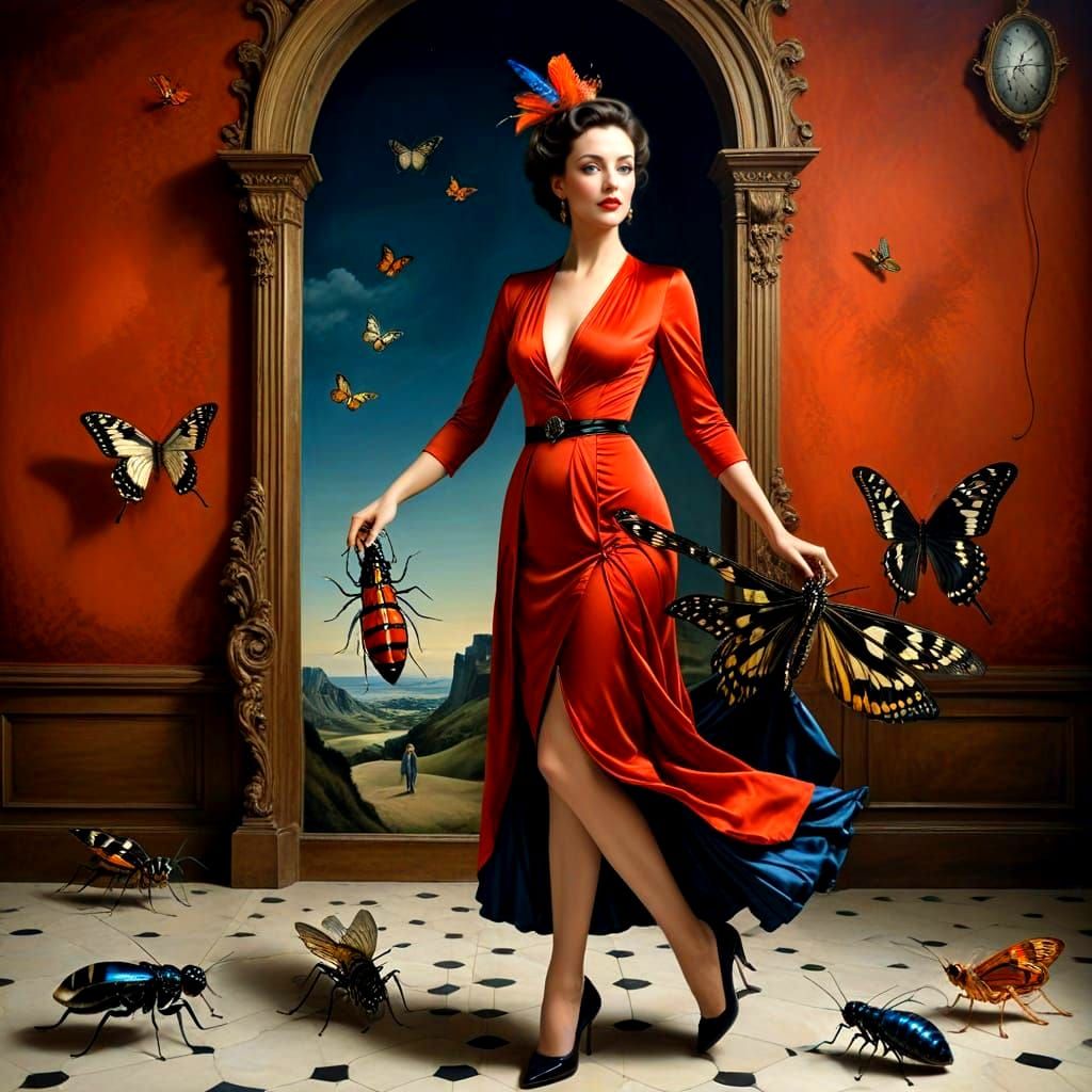 Elegant Lady Plays with Whimsical Creatures in a Surrealisti...