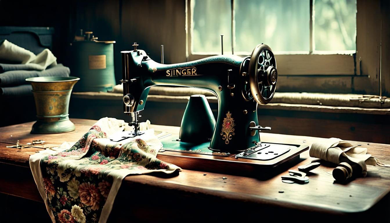 Old style foot crank Singer sewing machine is used lovingly by grandma making clothes for her family, ...  by @White Dragon