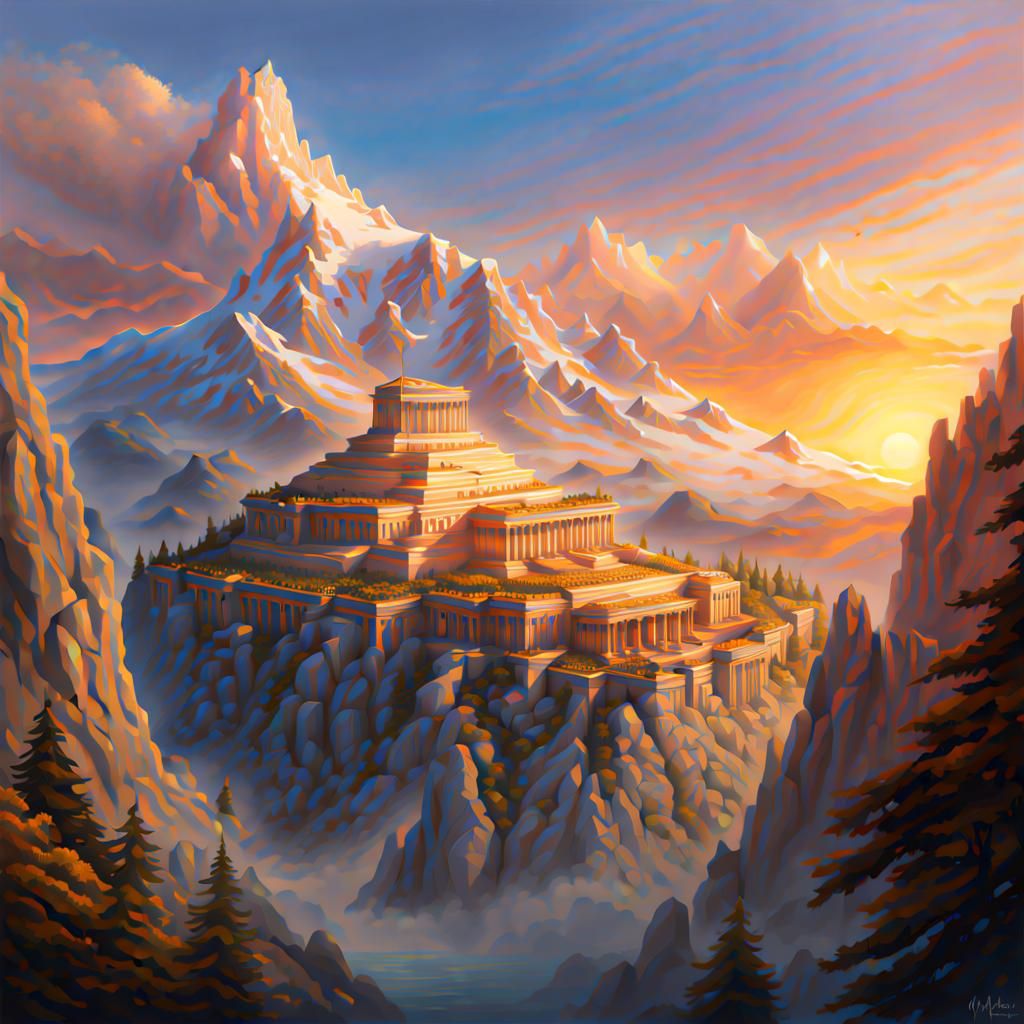 Mount Olympus at dawn Hyperrealistic, splash art, concept ar...