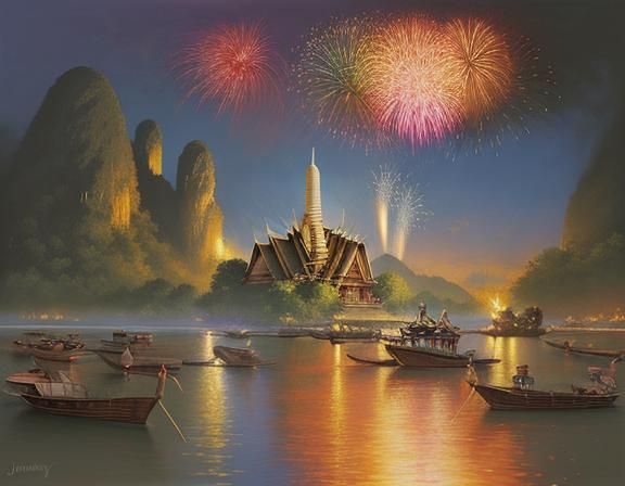 Thailand firework oil painting by James Gurney