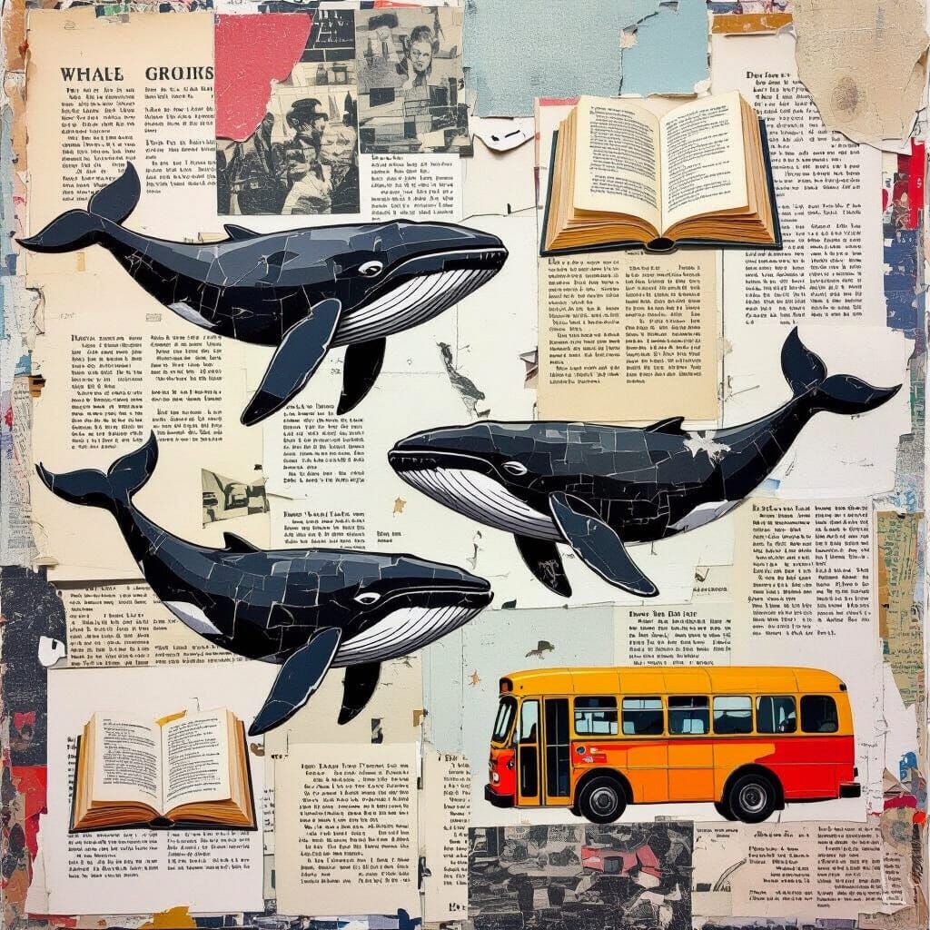 A really cool collage of magazine clippings that's chaotic and fun and includes whales and books and busses and such. It should look as if i...