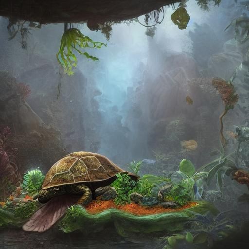 a terrarium full of plants with a turtle, a slug and ampolar...