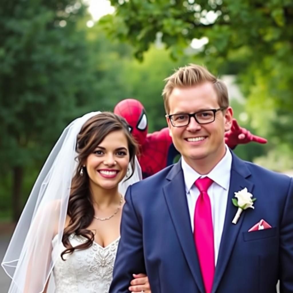 Photo of a newly married couple. Spiderman photo bombing from behind  by @Jason Gavin