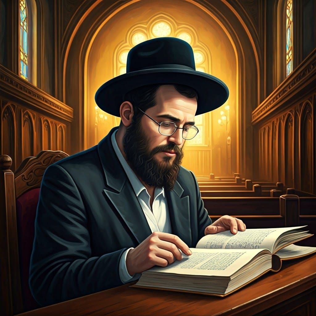 Orthodox Jewish Man Studies Torah in Golden-Lit Synagogue