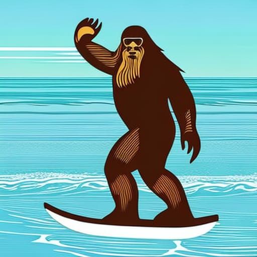 bigfoot surfing in the ocean retrowave AI Generated Artwork