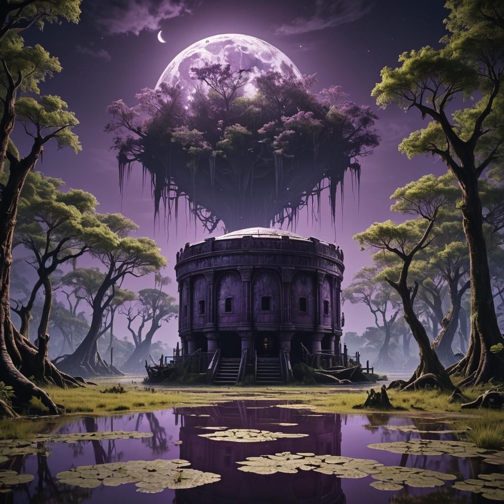 Giant cistern in Louisiana swamp under full round purple moo...