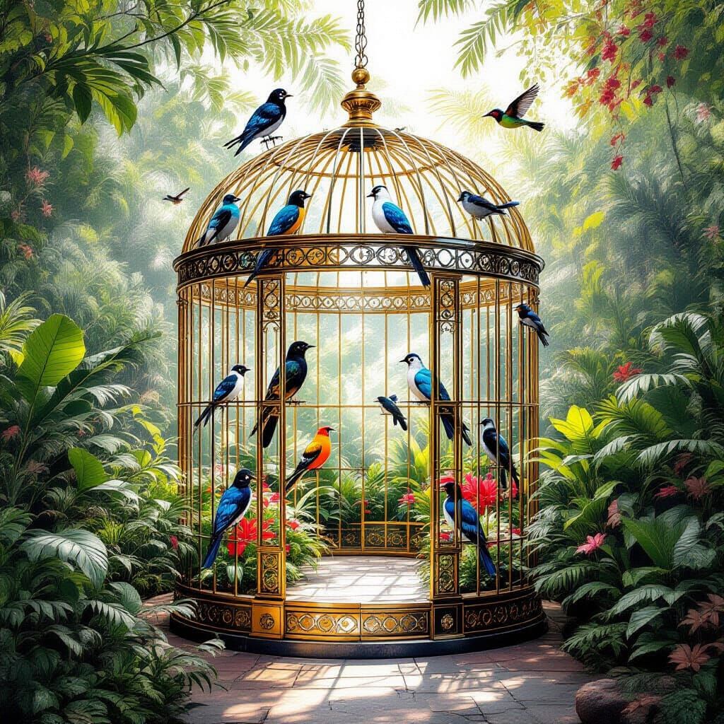 Giant classic birdcage in golden, silver and black, inside the birdcage is a garden paradise with the most exotic birds, HDR, splatter, wate...