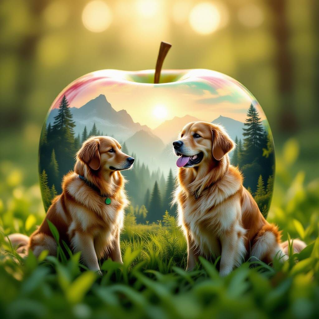 Double Exposure: Apple, Dog, and Forest in Ethereal Light