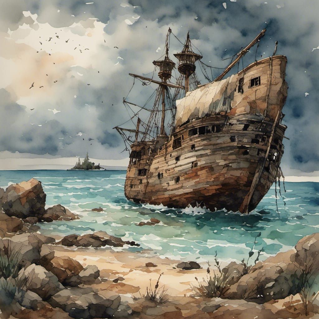 Test #3  <lora:Antique Watercolor:1.0>  old ship deserted on lonely isle