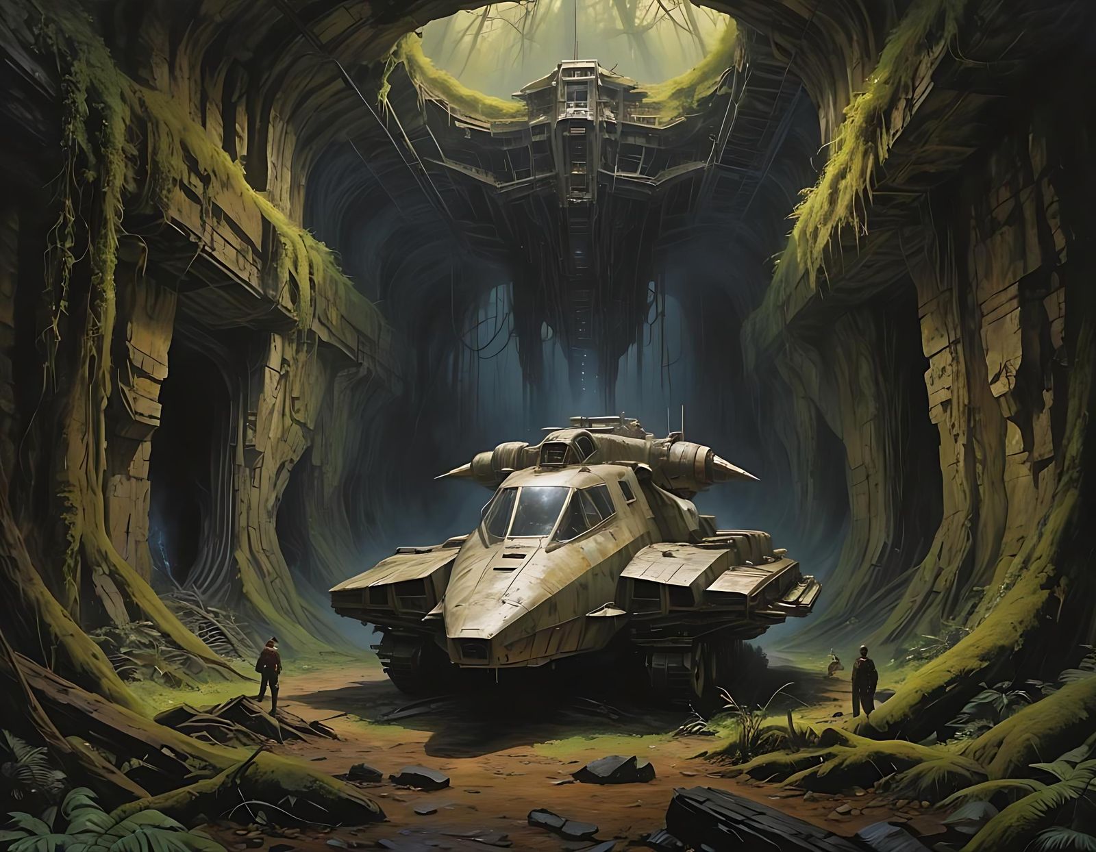 Macabre Derelict Spaceship in Cave, Donato Giancola Style
