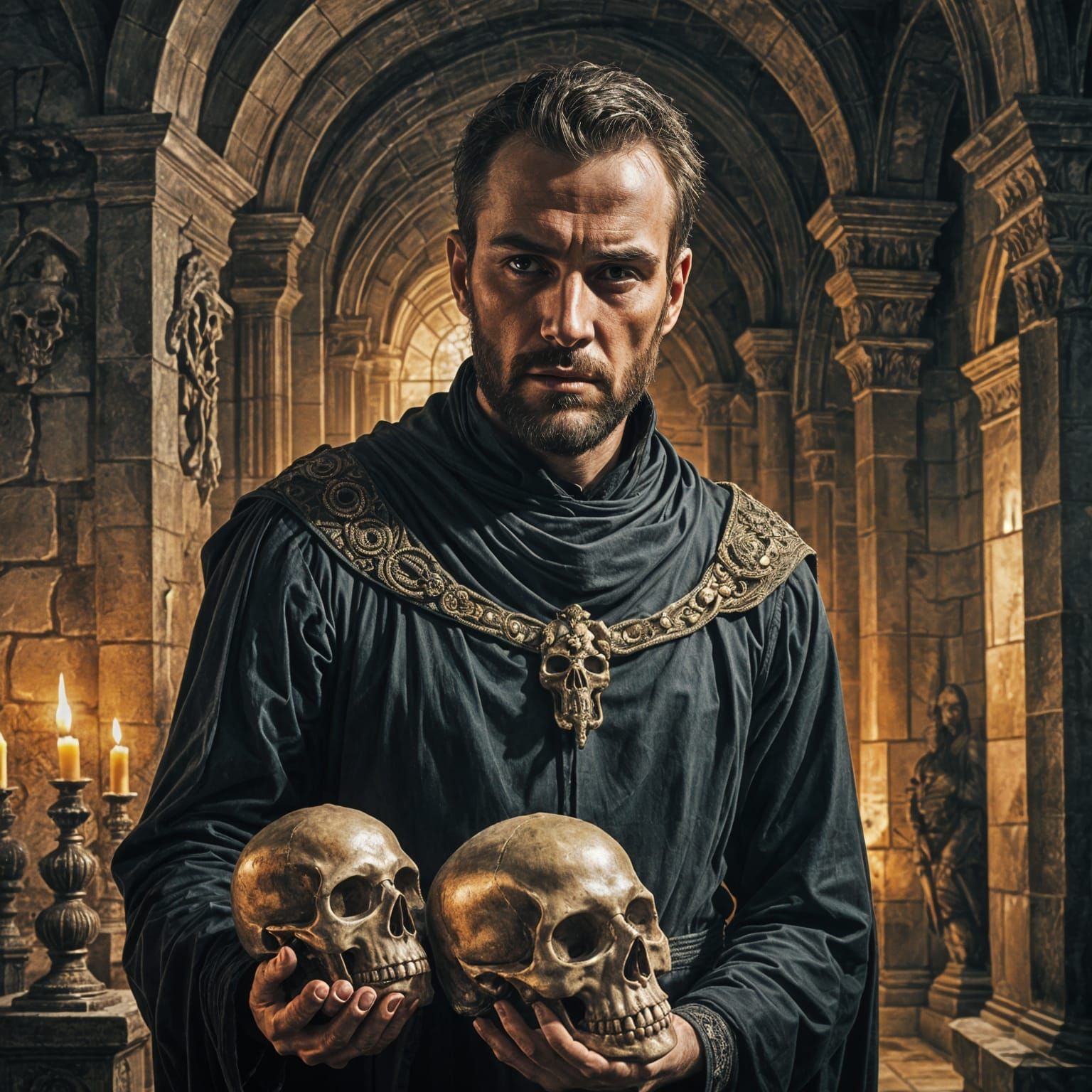 Macbeth holding skulls in deep contemplation, surreal