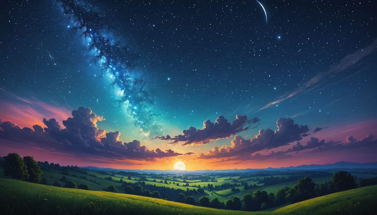 Night sky with stars shining beautiful colors,on landscape with the moon shining so bright volumetric ...  by @Frances 
