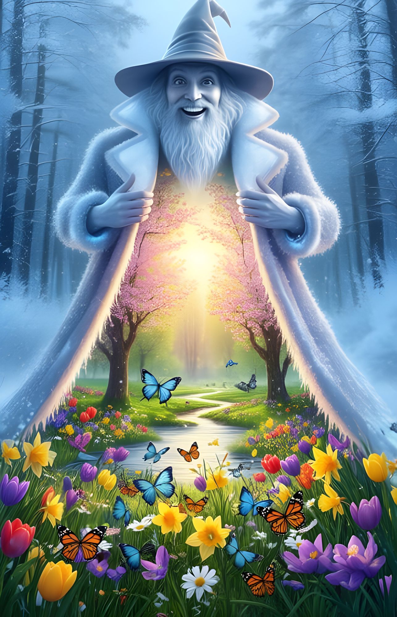 A Wizard of Winter with (((Happy Smile Face))) And wizard's Hat, he's opening his frosty heavy Coat, to show Spring is coming soon ,with(( C...