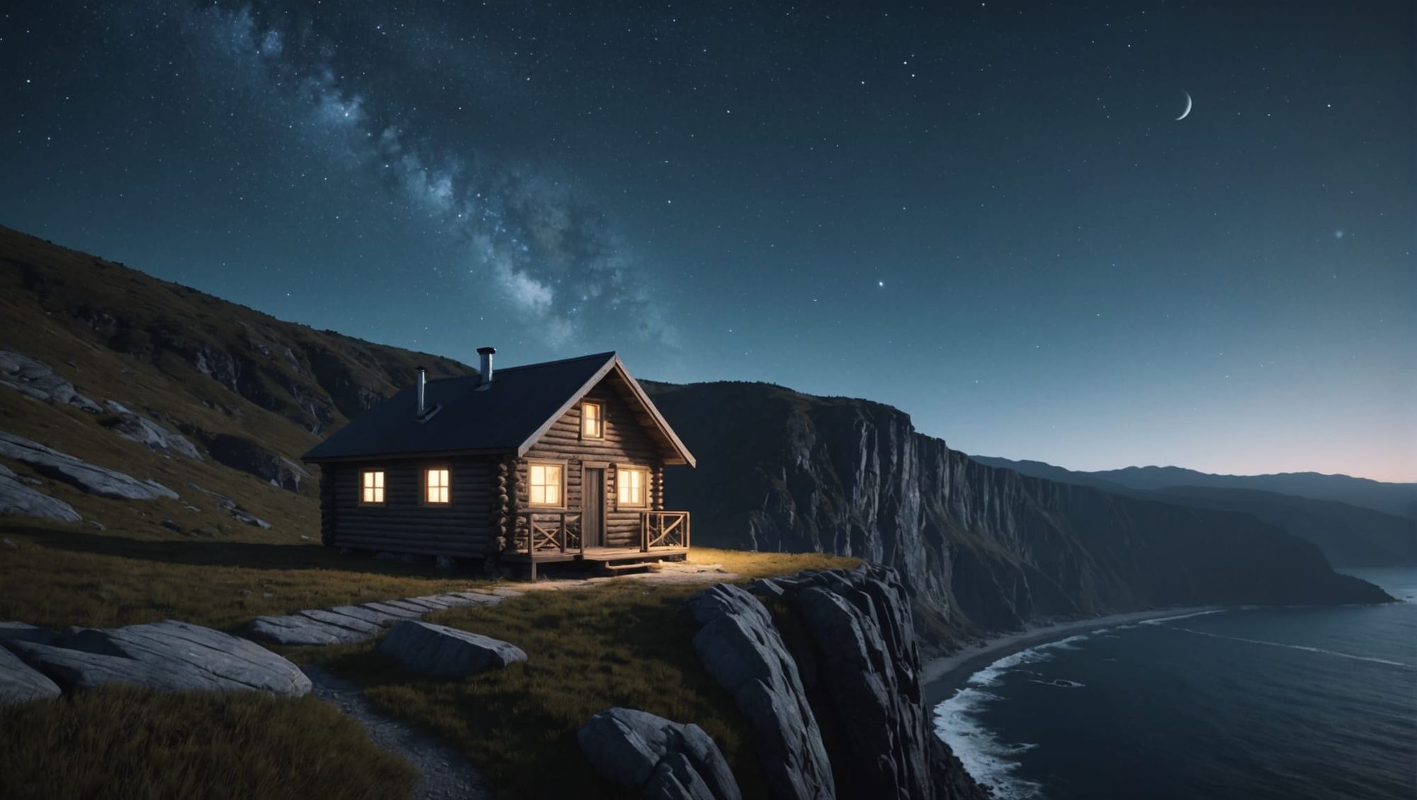 Small cabin at a cliff. spacecore night sky. ambient occlusion. Waving water to the cliff. light dust 