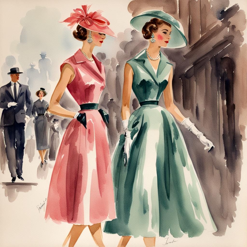 watercolor, 1950s fashion