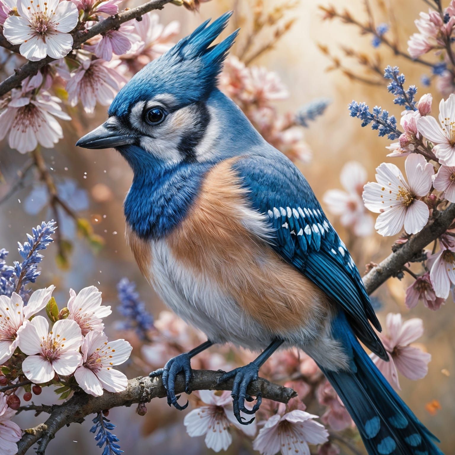 A blue jay on a spring flower branch  by @Dreamer in Hell