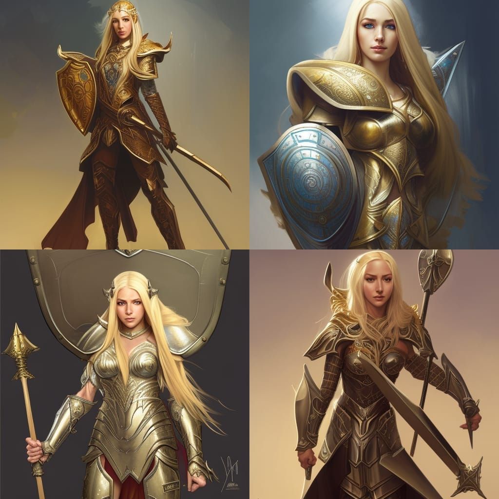 blonde high elf cleric in scale mail armor holding a shield and a ...