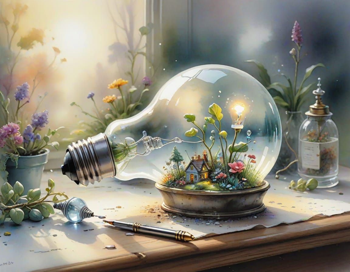 Miniature Garden Shines Inside Lightbulb: Watercolor Art