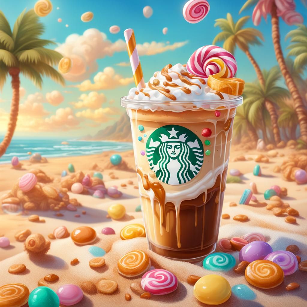 Iced caramel latte on the beach