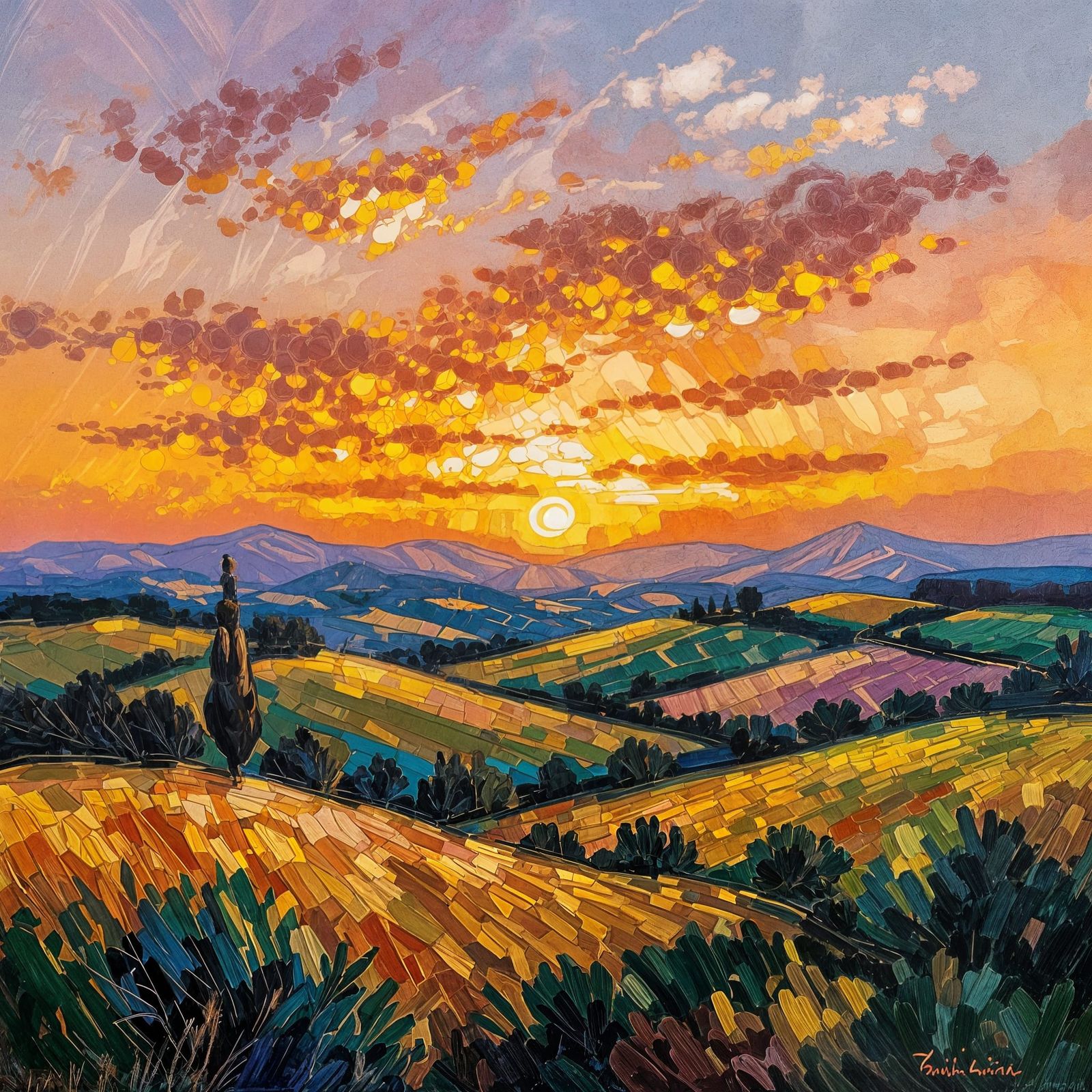 Vibrant Impasto Oil Painting of Sunset Landscape