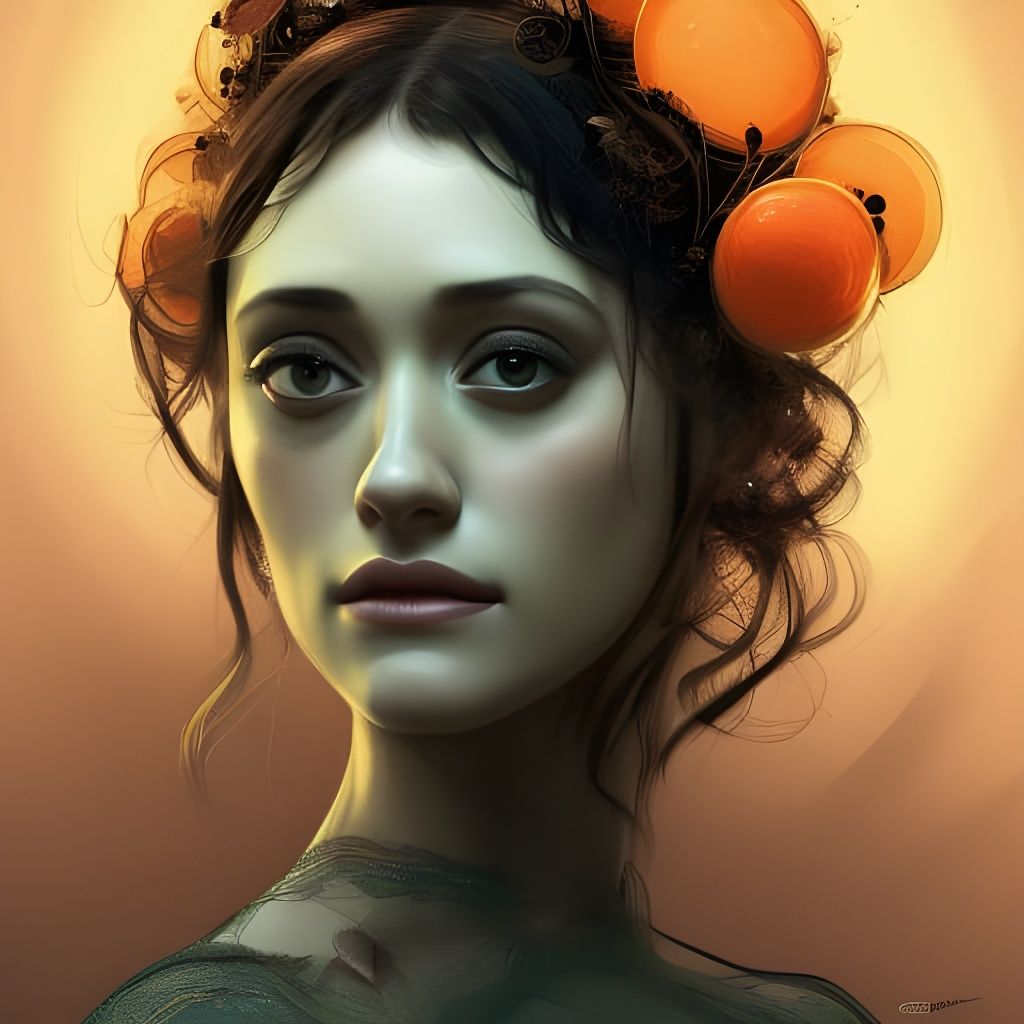 Emmy Rossum, black hair, dark eyes, green, orange, white, lace dress ...