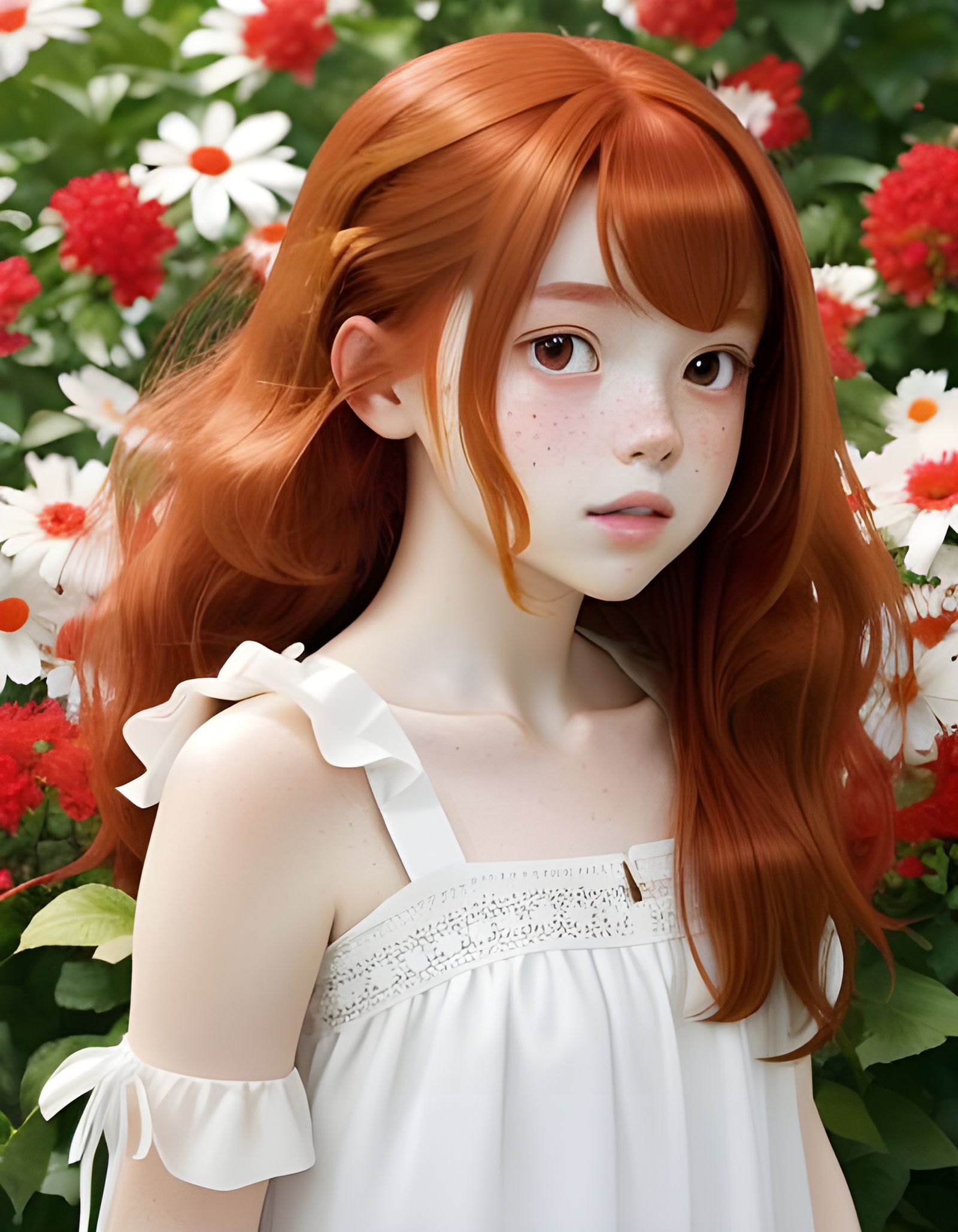 Auburn Haired Girl Picking Flowers, Anime Style
