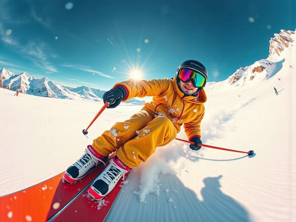 A whimsical illustration of a fisheye lens view of a snow skier <lora:Fisheye:1.2>