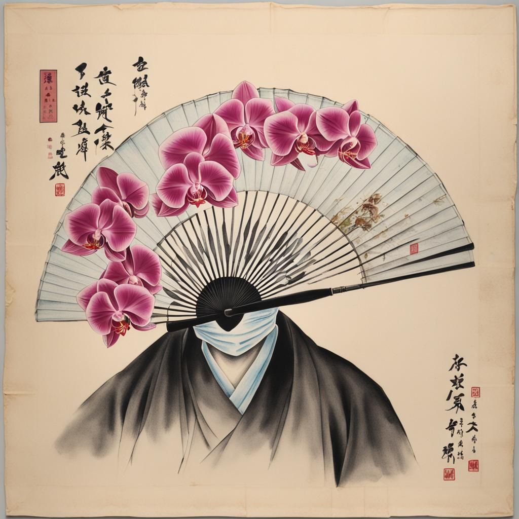 Masked Figure with Orchid Painting in Detailed Matte Style