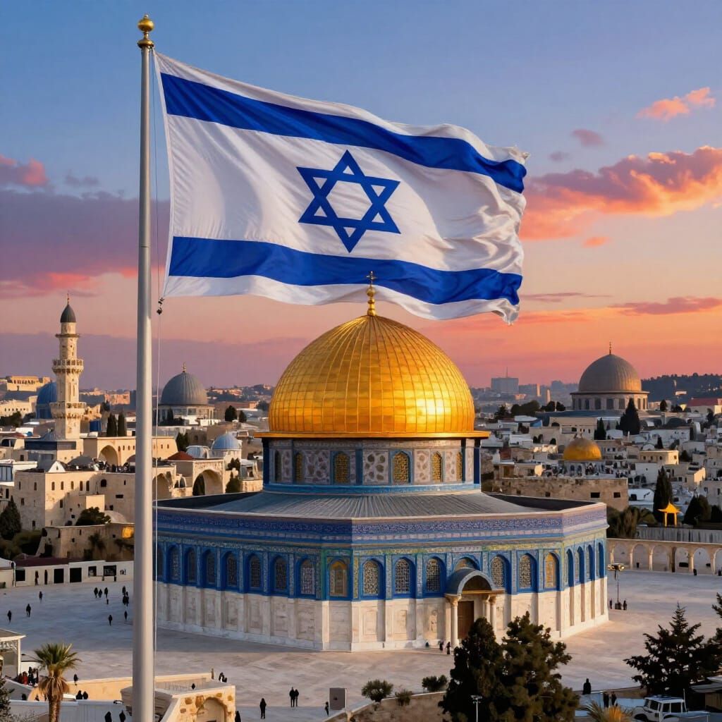 Israel Flag Above Dome of the Rock at Sunset