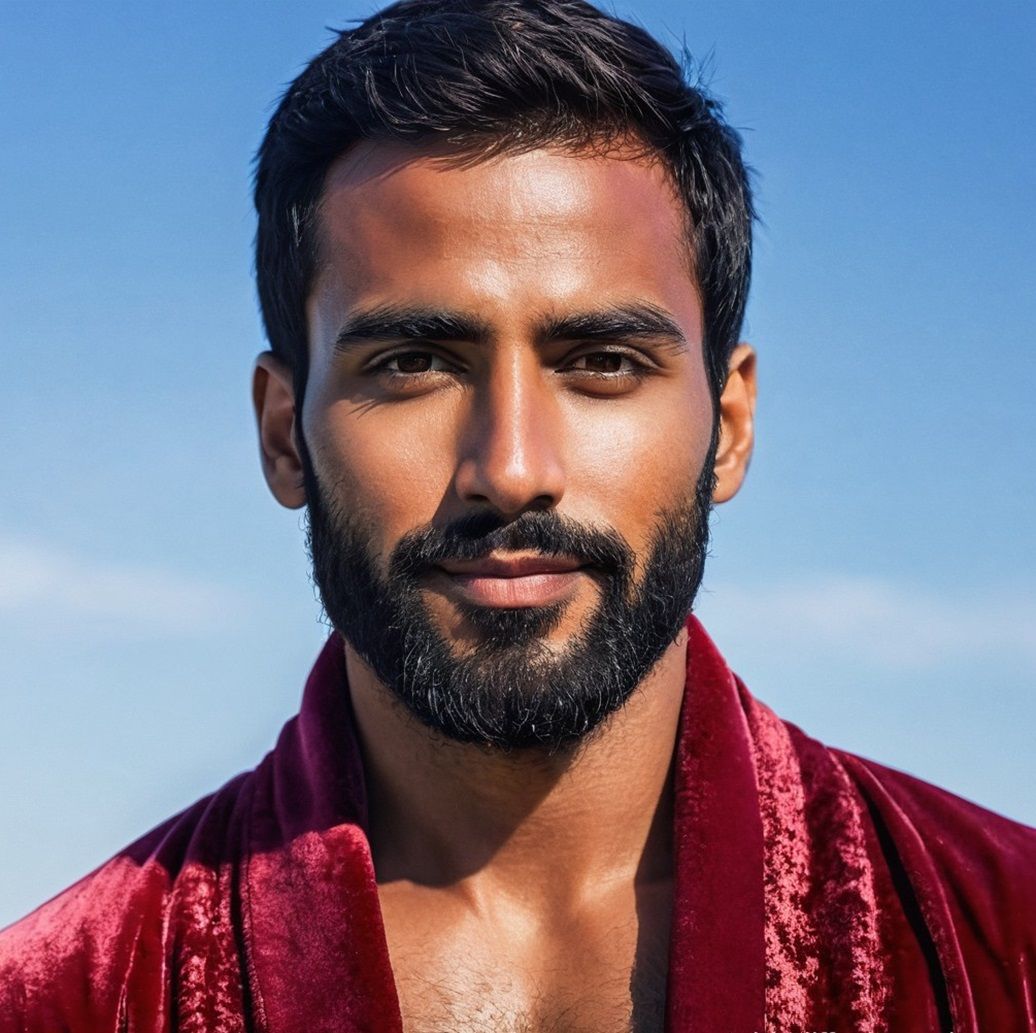 A handsome bearded man wearing a red velours bathrobe
