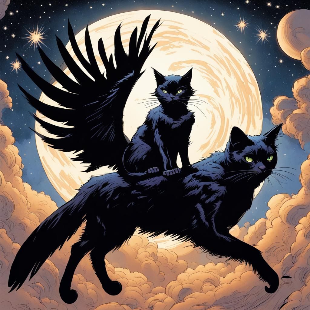 Black cat sitting on the back of a raven flying through a st...