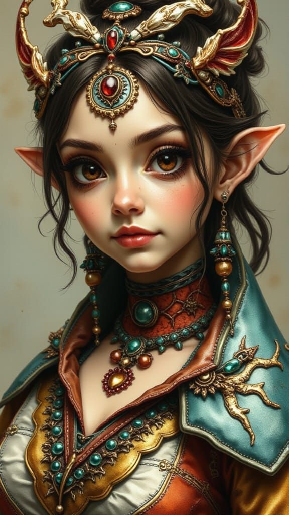 Hyperrealistic portrait of a beautiful woman wearing intricately detailed colorful clothing and futuristic jewellery. <lora:Caffeine Critter...