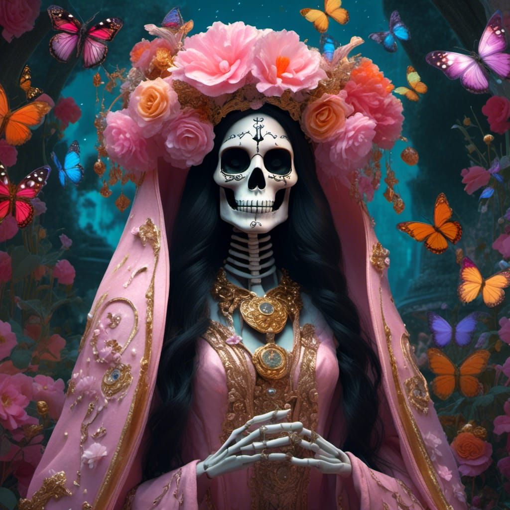Santa muerte skeleton smiling, with long black hair, a magic...