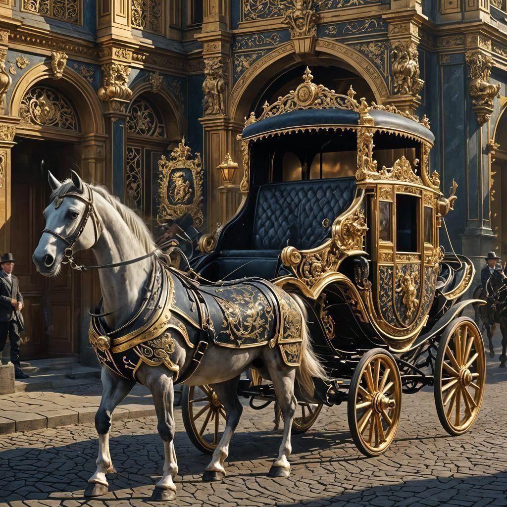a luxurious carriage. It is decorated with gold patterns, and its doors are decorated with a coat of arms. The horses harnessed to it are we...
