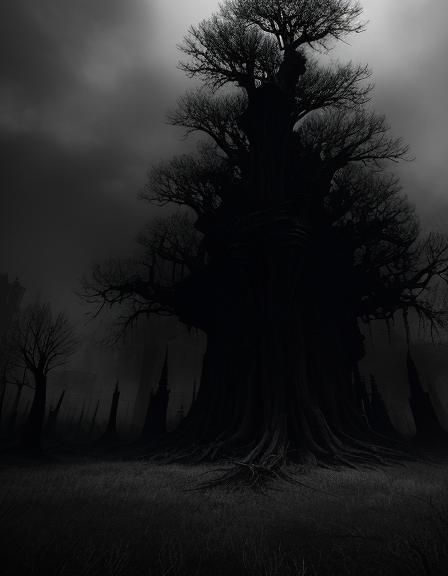 Colossal Tree with Bohemian Treehouses in Dark Fantasy Art