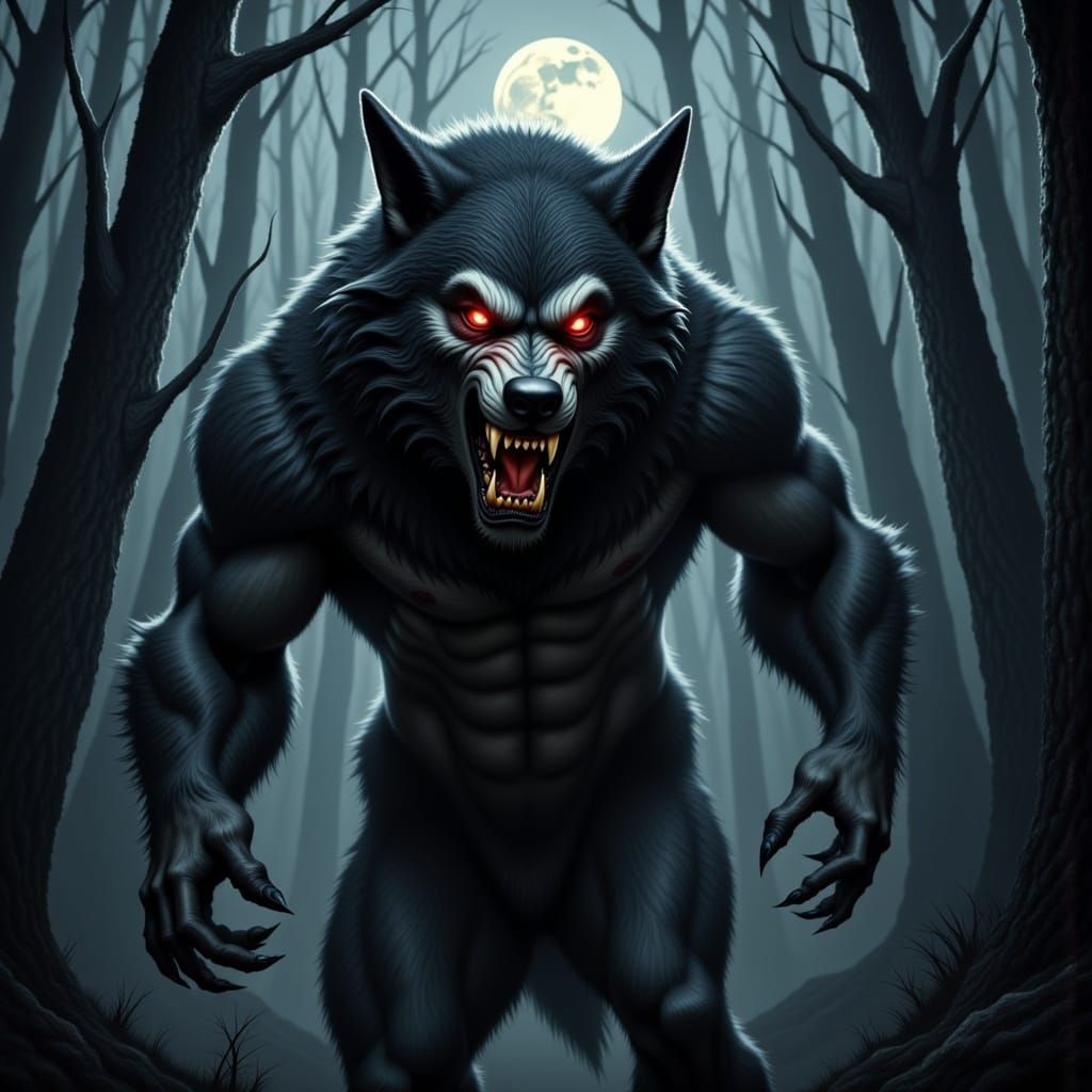 <lora:Flux Werewolf v2:1.0> A werewolf in the middle of his transformation under the moonlight, by Rick Melton, Anato Finnstark, Boris Valle...