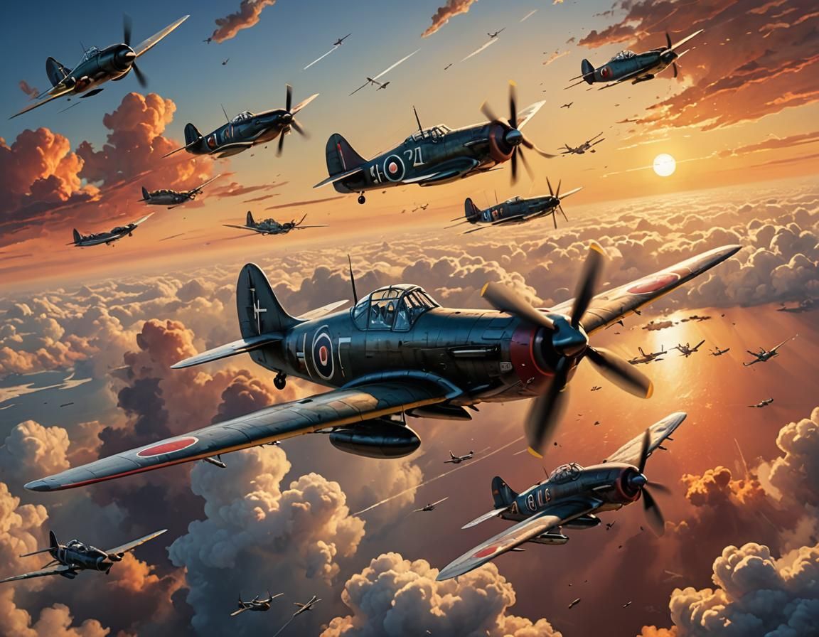 air battle of the second world war. Three Japanese and American planes are in a sky with the sun setting ...  by @salitrecantabro
