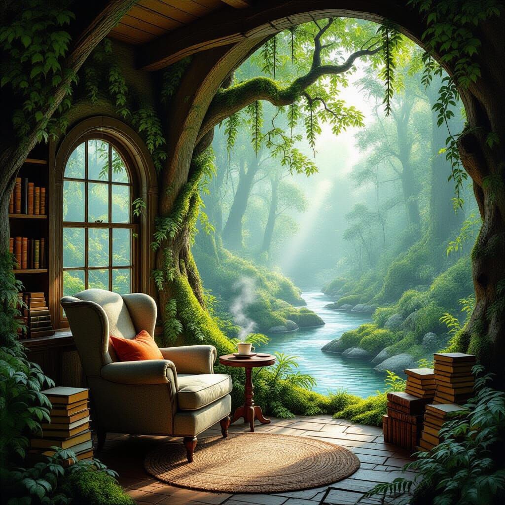 A secluded, moss-covered treehouse nestled deep within an ancient, enchanted forest, bathed in the soft, ...  by @Ron Gould