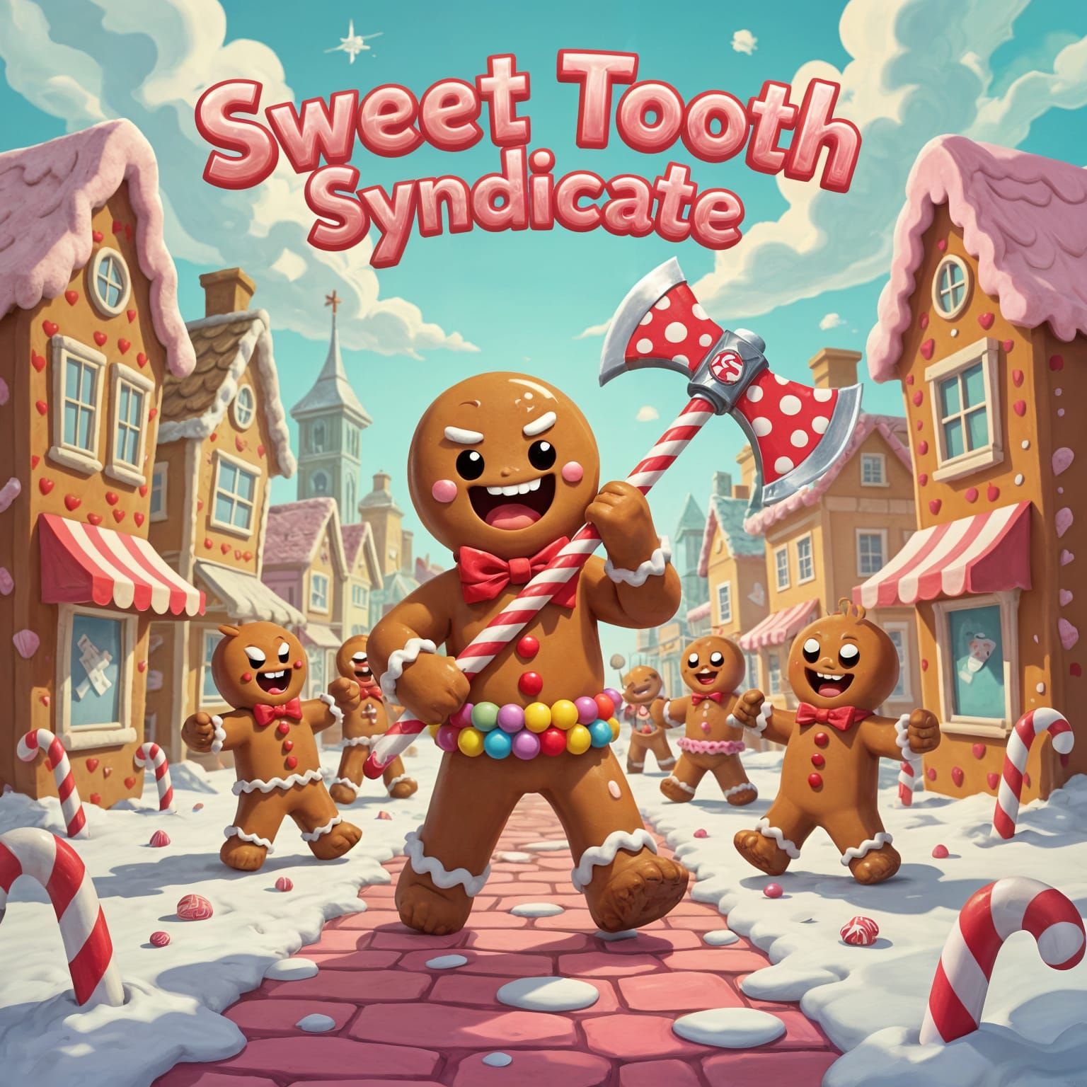 : The Sweet Tooth Syndicate, a candy-themed supervillain with a lollipop axe, leads a gang of gingerbread ...  by @Illusion Krafter