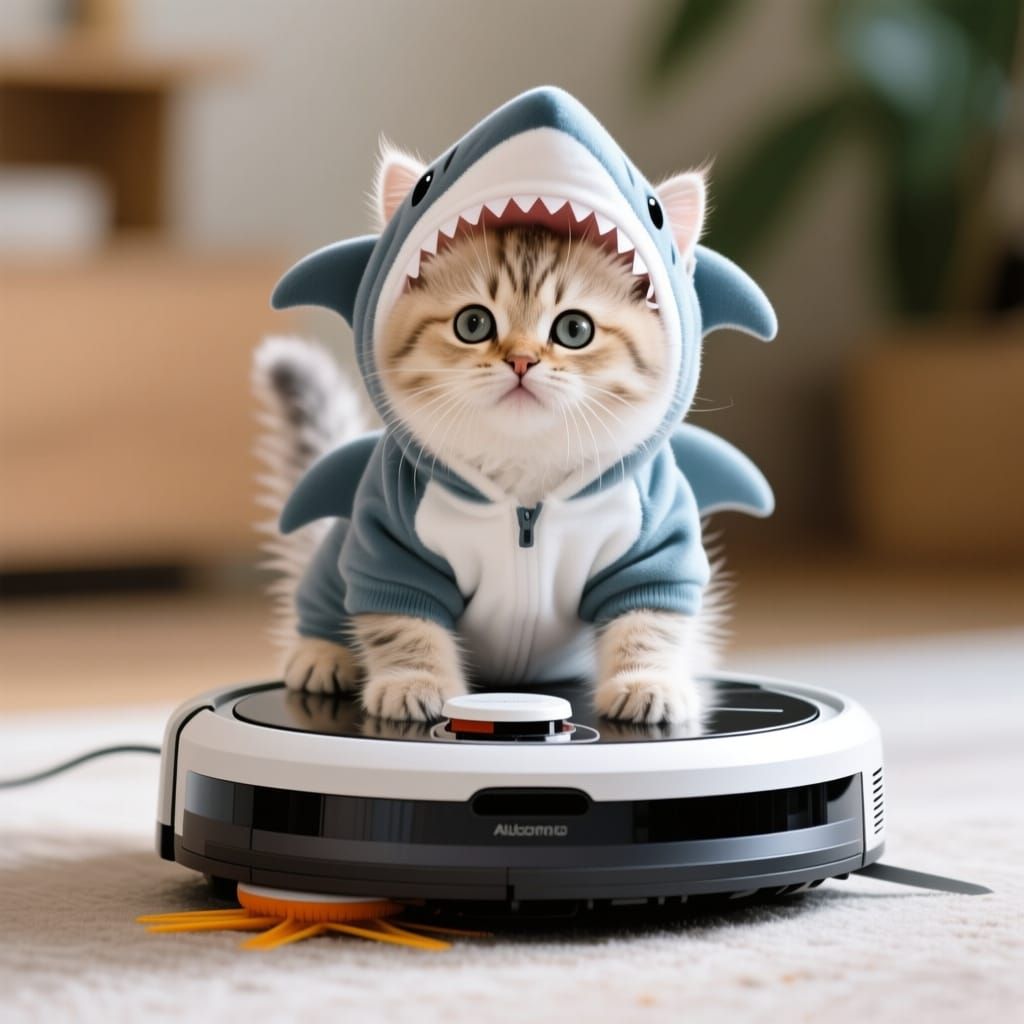 A sweet fluffy baby cat is dressed in a shark suit