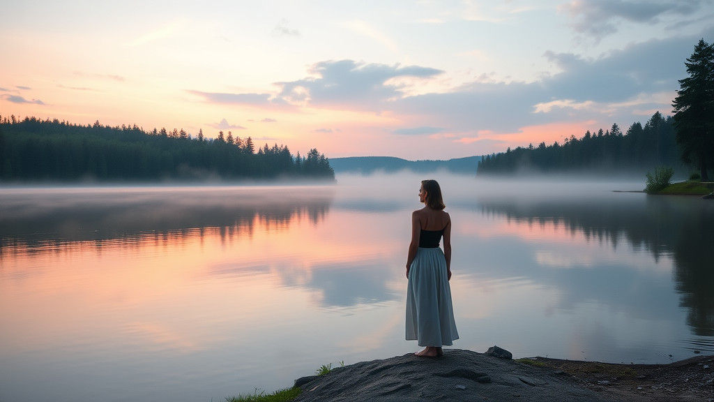 "A peaceful landscape of a quiet lake at dawn, with mist rising from the water and soft pastel skies."