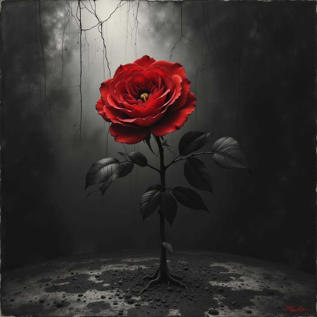 <lora:Hints of Red Gold:1.0> A red rose stands out as his  emotion against the graphite grayscale of forced identity ,