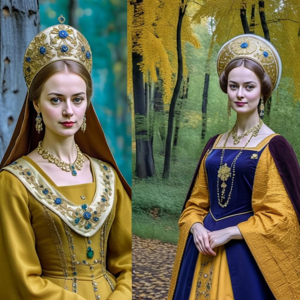 Beautiful and young tsarina double in kokoshnik and sarafan.