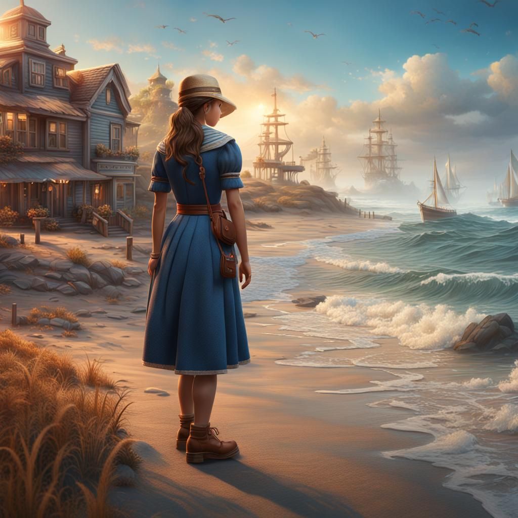 A American girl on the bank of sea beach
