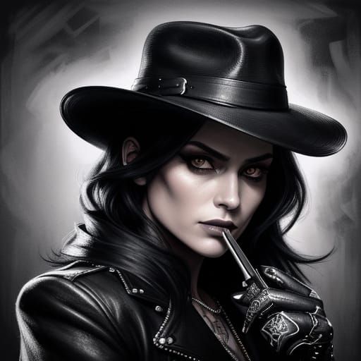 Sultry Femme Fatale in Film Noir Style Charcoal Drawing