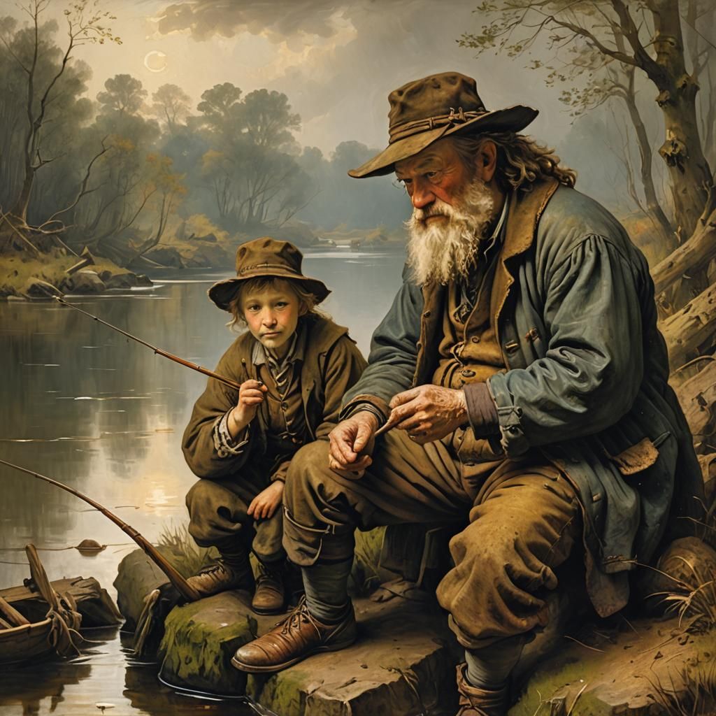 A father fishes with his young son  by @Easter Bunny