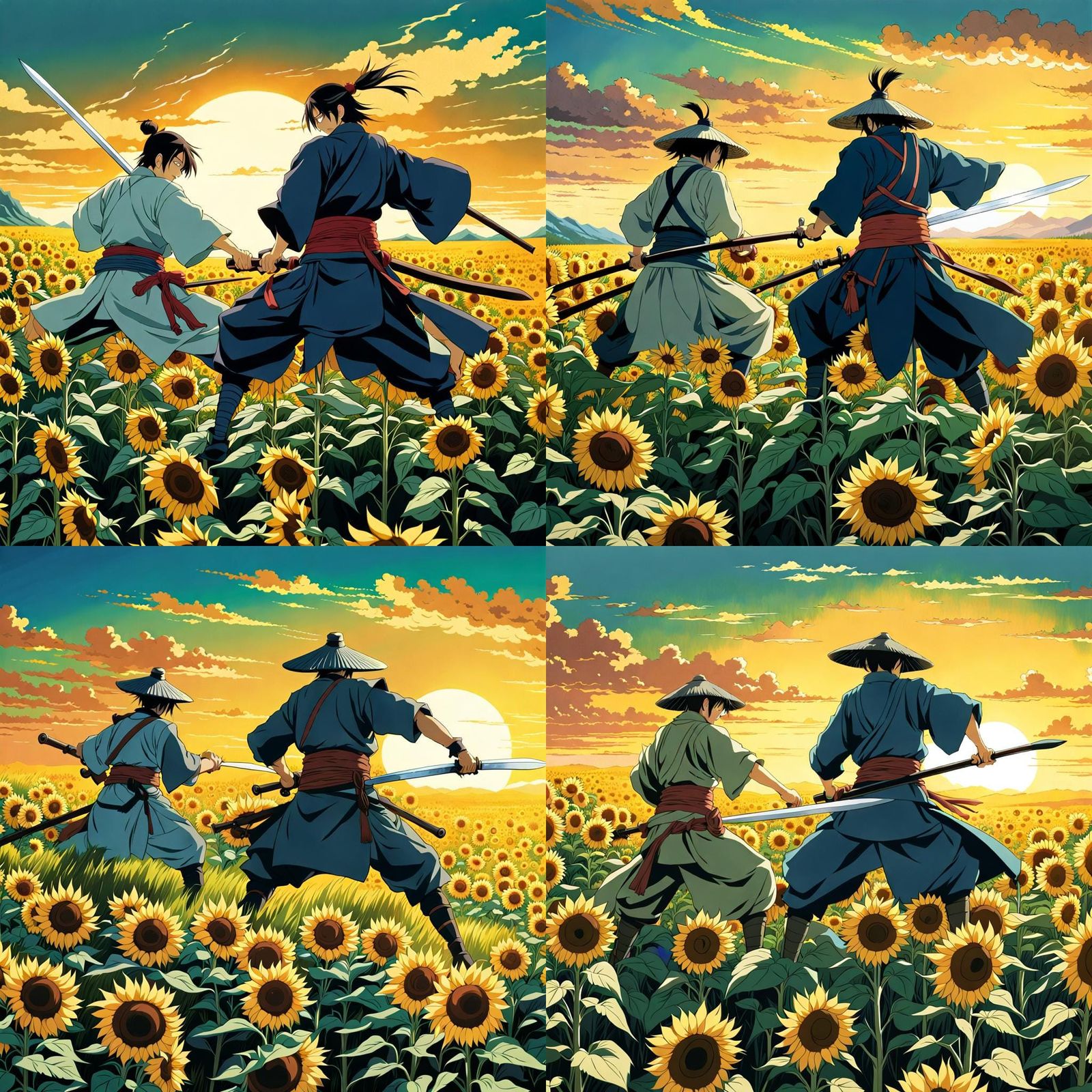 two samurai fighting to the death in a field full of sunflowers Studio