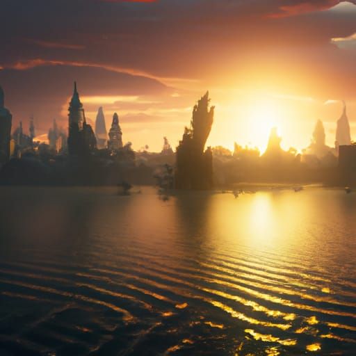 City skyline across the water at sunset
