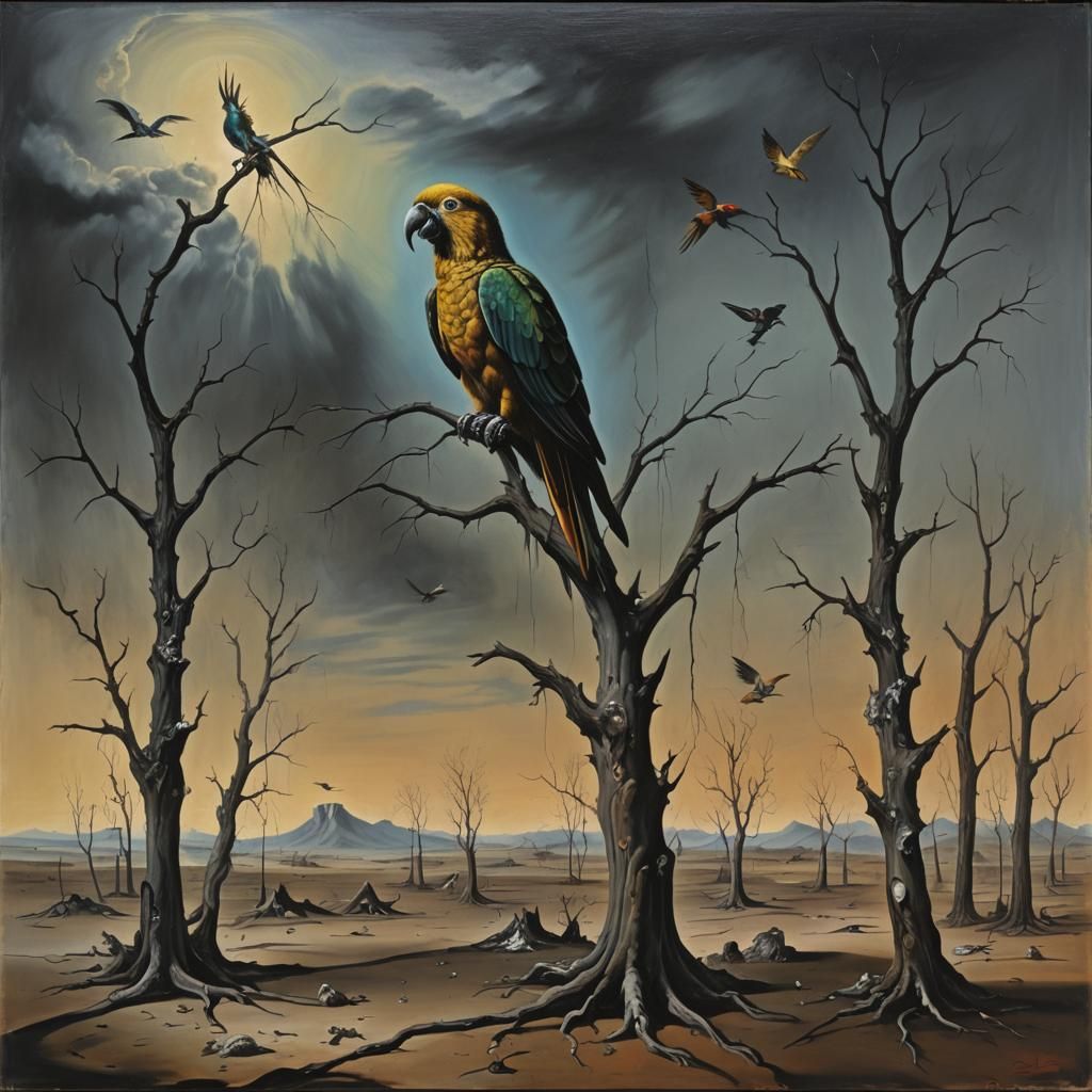 Oil on canvas, Salvadore Dali: Dark, destroyed world, dead t...