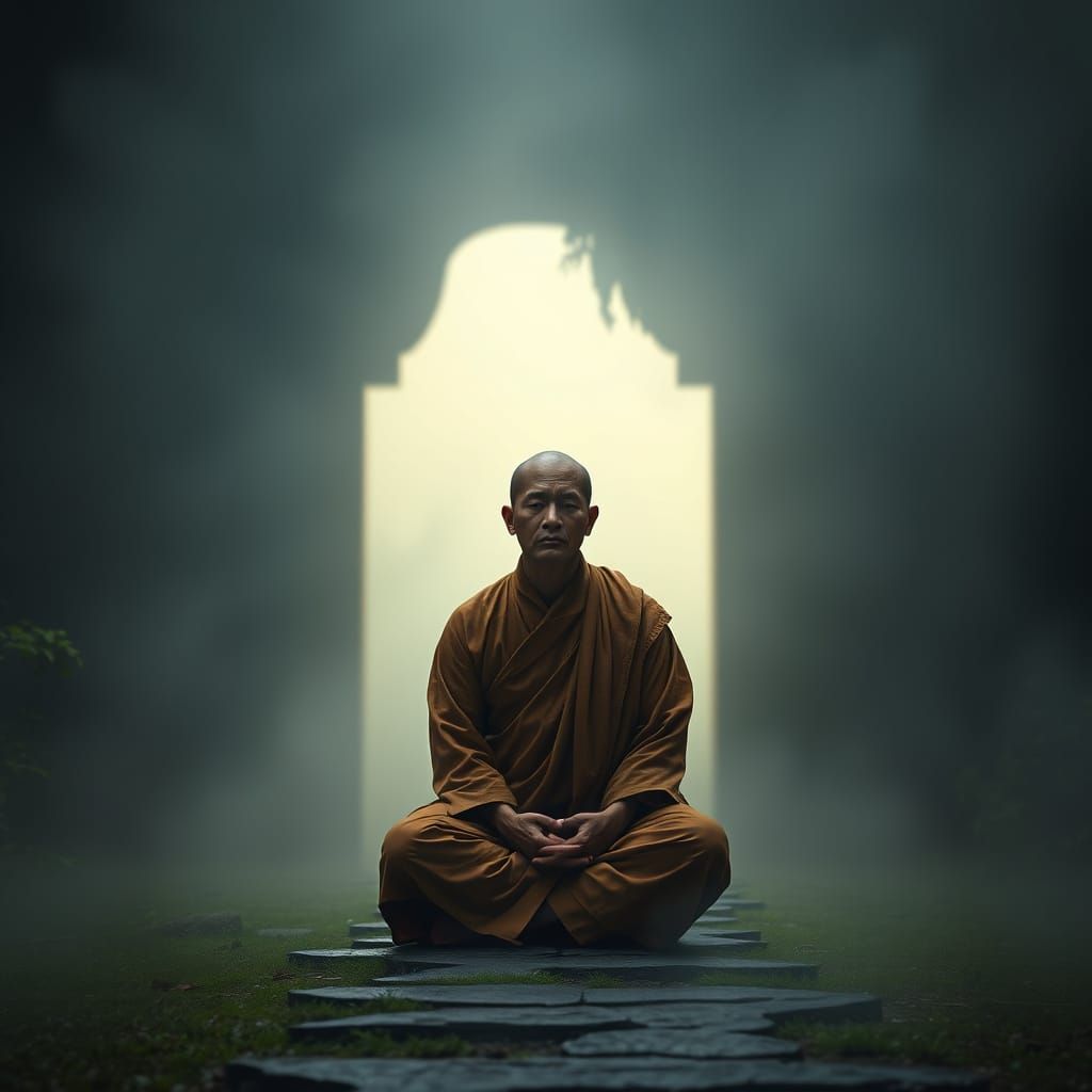 Contemplative Monk in Serene, Misty Landscape